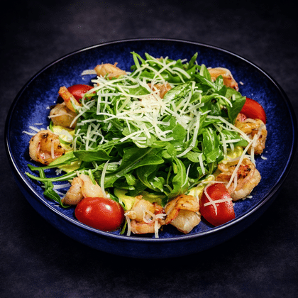 Руккола с креветками и манговым муссом