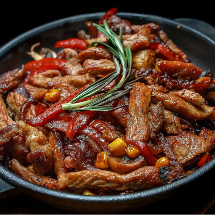 Свинина жаренная на раскаленном блюде с овощами