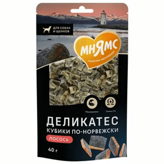 Мнямс Деликатес лакомство для собак «Кубики по-норвежски», из кожи лосося, 40 г