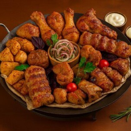 Садж из свинины и курицы с люля-кебабом