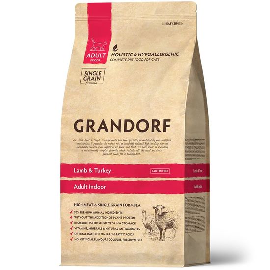GRANDORF Lamb & Turkey Indoor сухой корм для взрослых домашних кошек, ягнёнок с индейкой, 400 г (1218)
