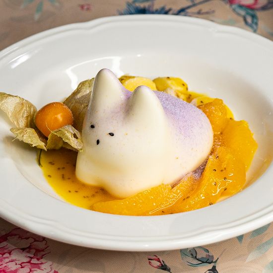 Котопудинг с фруктами и соусом из маракуйи