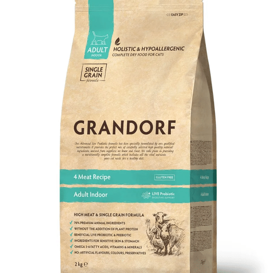 GRANDORF 4 Meat Probiotic Indoor сухой корм для взрослых домашних кошек, 4 вида мяса с пробиотиками, 2 кг (1287)