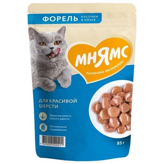 Мнямс На каждый день пауч для кошек, кусочки в соусе с форелью, для красивой шерсти, 85 г