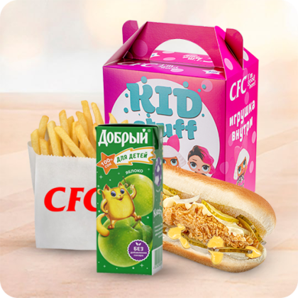 КидСтафф для девочки с бургером Лонгер Чиз и яблочным соком