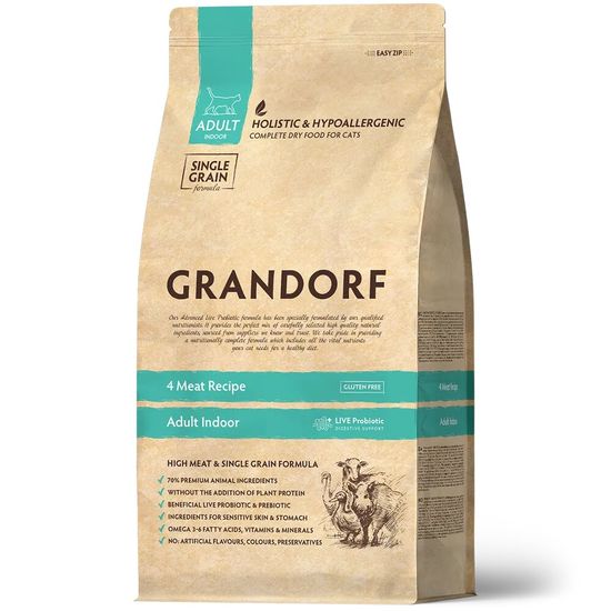 GRANDORF 4 Meat Probiotic Indoor сухой корм для взрослых домашних кошек, 4 вида мяса с пробиотиками, 400 г (1270)