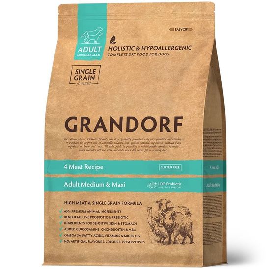 GRANDORF 4 Meat Probiotic Medium & Maxi сухой корм для взрослых собак средних и крупных пород, 4 вида мяса с пробиотиками, 10 кг за 1 кг (1133)
