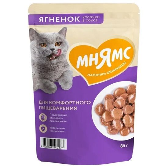 Мнямс На каждый день пауч для кошек, кусочки в соусе с ягнёнком, для комфортного пищеварения, 85 г