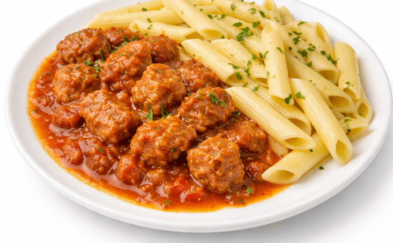 Макароны отварные с мясным гуляшом