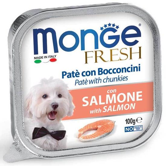 Monge Dog Fresh консервы для взрослых собак, лосось, паштет с кусочками мяса и рыбы, 100 г