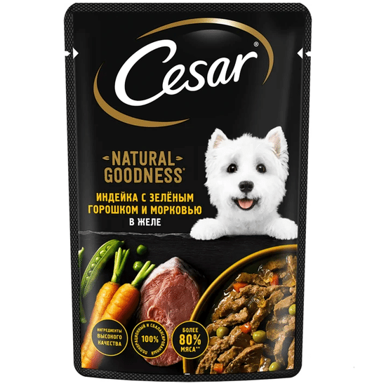 Cesar пауч для взрослых собак всех пород, индейка с зелёным горошком и морковью в желе, 80 г
