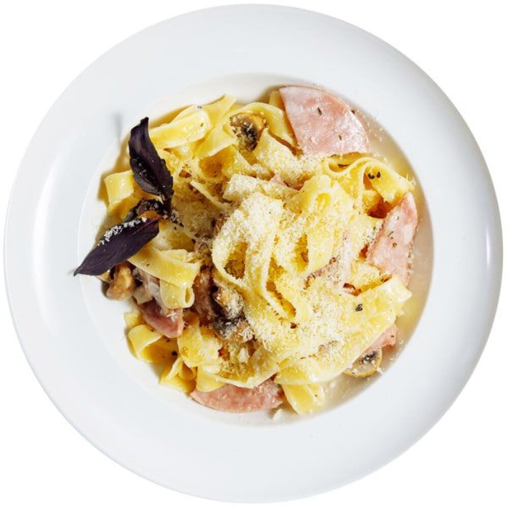 Паста с ветчиной и грибами