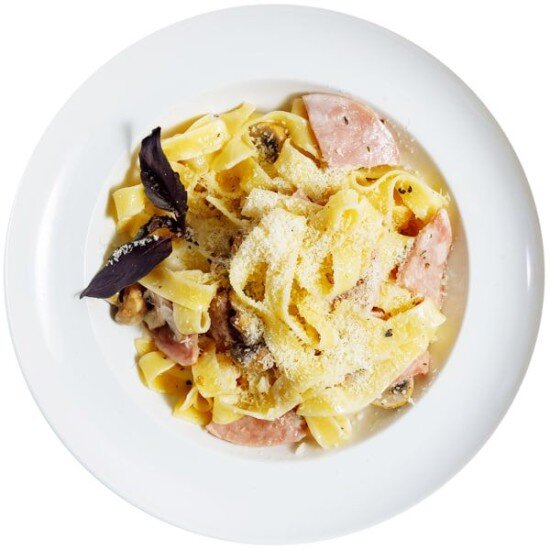 Паста с ветчиной и грибами