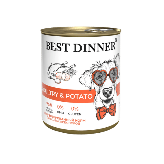 Best Dinner консервы для щенков и взрослых собак, птица с картофелем, 850 г