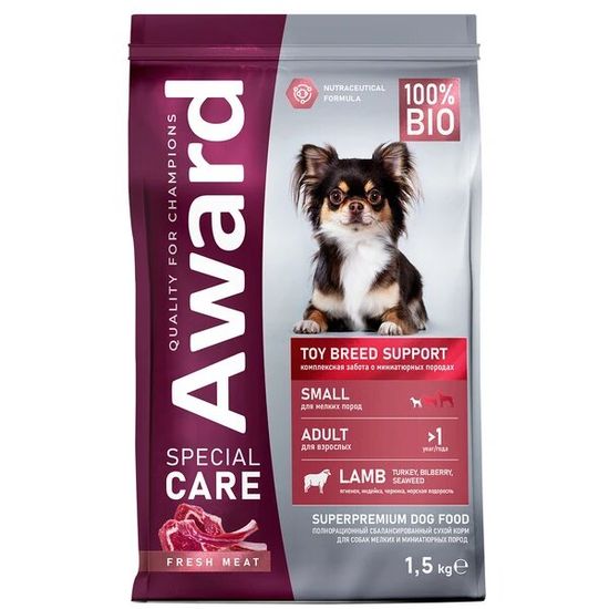 AWARD Special Care Toy Breed Support сухой корм для взрослых собак мелких и миниатюрных пород, ягнёнок, 1,5 кг