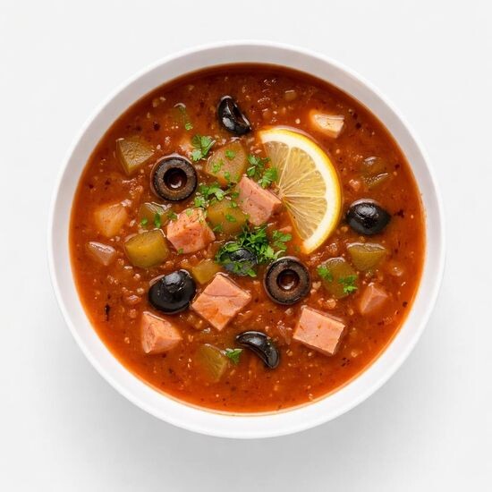 Солянка с копченостями и маслинами