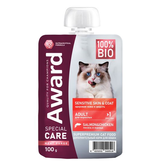 AWARD SPECIAL CARE Sensitive skin&coat влажный дополнительный корм «мясное пюре» для взрослых кошек, для здоровья кожи и шерсти, курица с лососем, 100 г