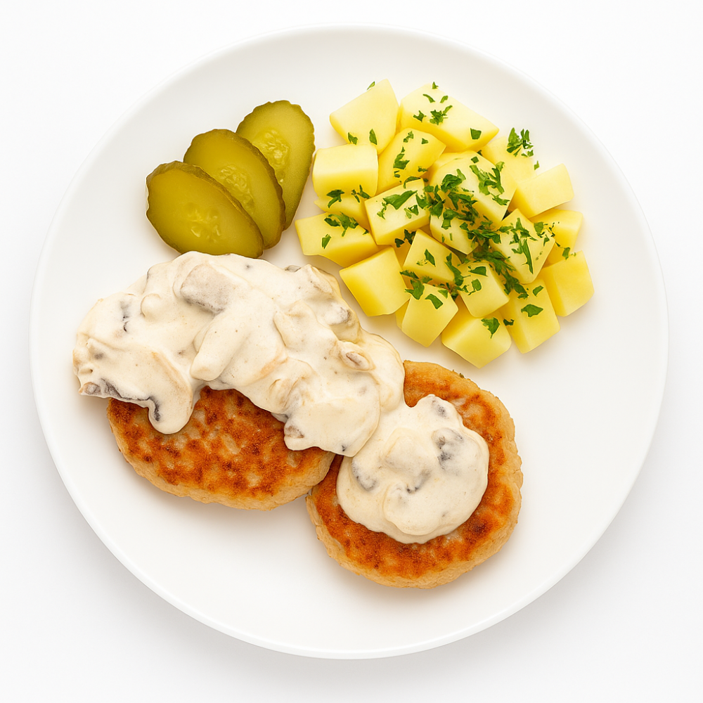 Котлетки куриные с отварным картофелем и грибным соусом