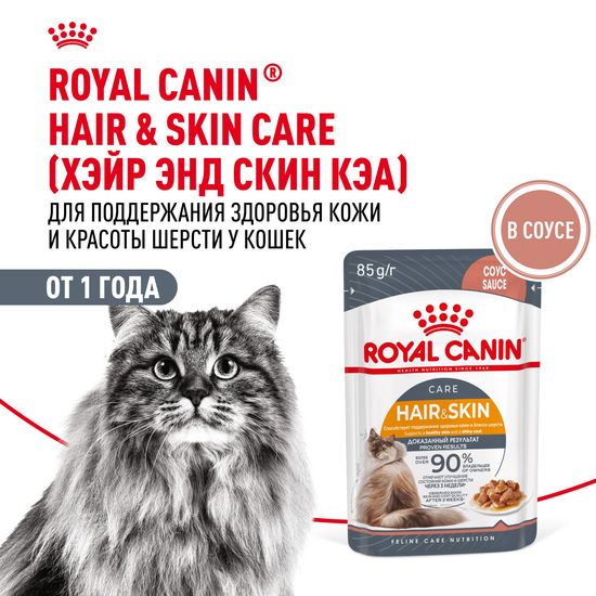 ROYAL CANIN Хэйр Энд Скин пауч для взрослых кошек с проблемной кожей и шерстью, кусочки в соусе, 85 г