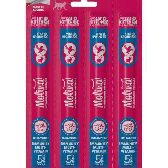 Molina Immuno Multivitamin лакомство для кошек и котят, колбаски жевательные с уткой и кроликом, 20 г