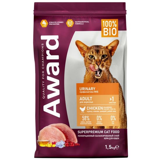AWARD Veterinary Diet Urinary диетический сухой корм для взрослых кошек при мочекаменной болезни струвитного типа, 1,5 кг