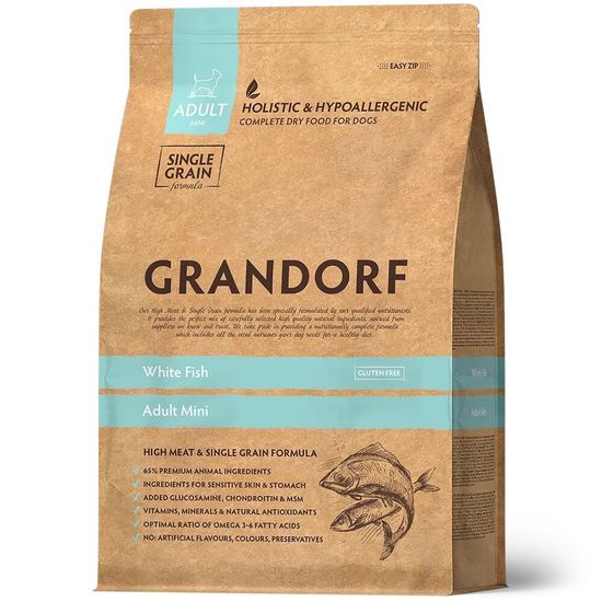 GRANDORF White Fish Mini сухой корм для взрослых собак мелких пород, белая рыба, 1 кг (3335)