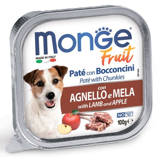 Monge Dog Fruit консервы для взрослых собак, ягнёнок с яблоком, паштет с кусочками мяса и фруктами, 100 г