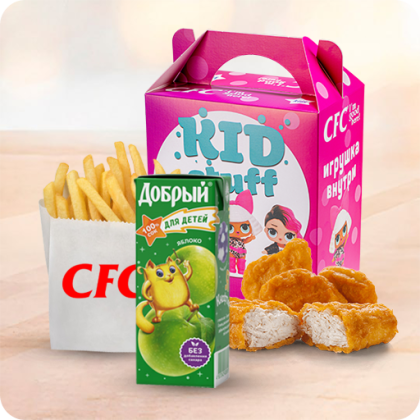 КидСтафф для девочки с наггетсами и яблочным соком