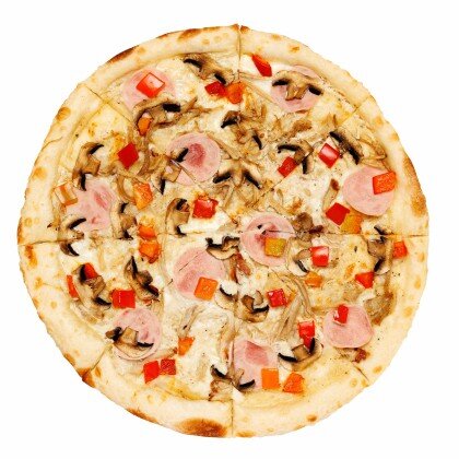 С соусом "белые грибы", рваной свининой и ветчиной