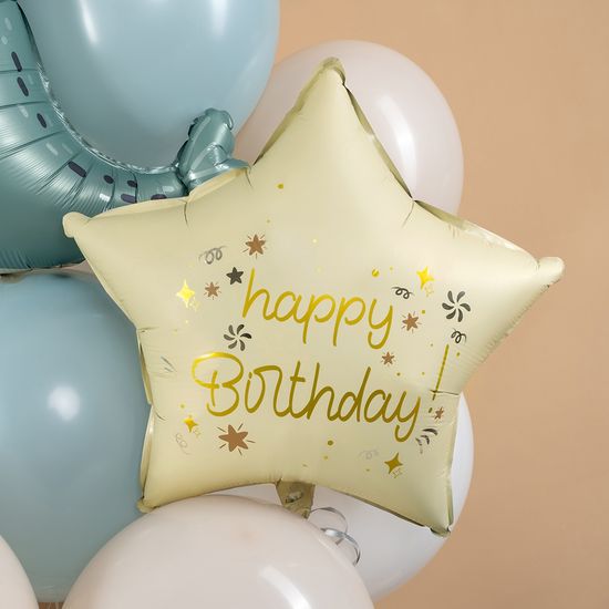 45 см, Звезда, Happy Birthday, Кремовый, Сатин