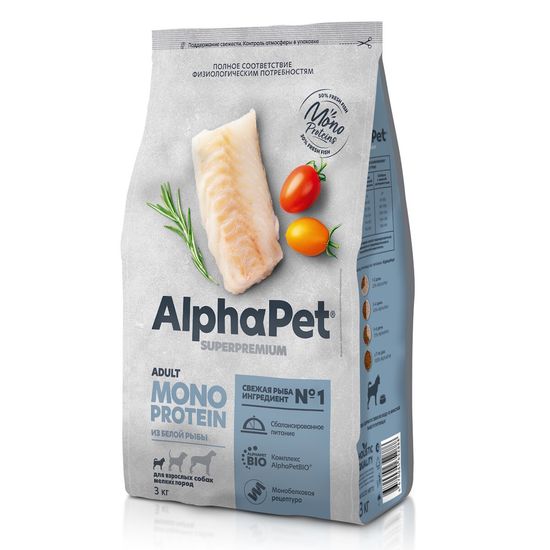 AlphaPet Superpremium Monoprotein сухой корм для собак мелких пород, белая рыба, 3 кг (2888)