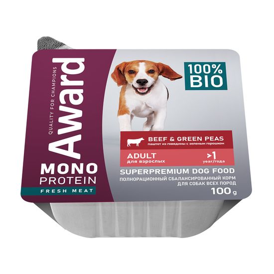 AWARD Monoprotein паштет для взрослых собак, говядина с зелёным горошком, ламистер 100 г