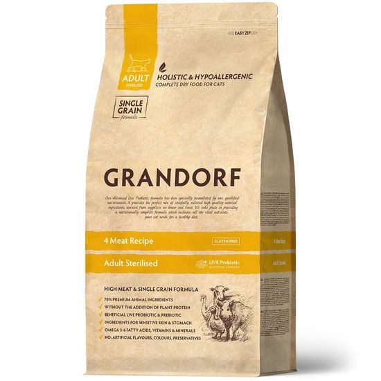 GRANDORF 4 Meat Probiotic Sterilised сухой корм для стерилизованных кошек, 4 вида мяса с пробиотиками, 400 г (1294)