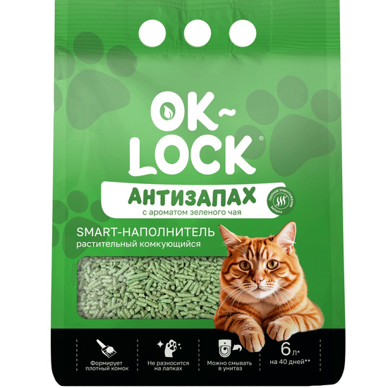 Ok-Lock Антизапах наполнитель растительный комкующийся, с ароматом зелёного чая, 6 л