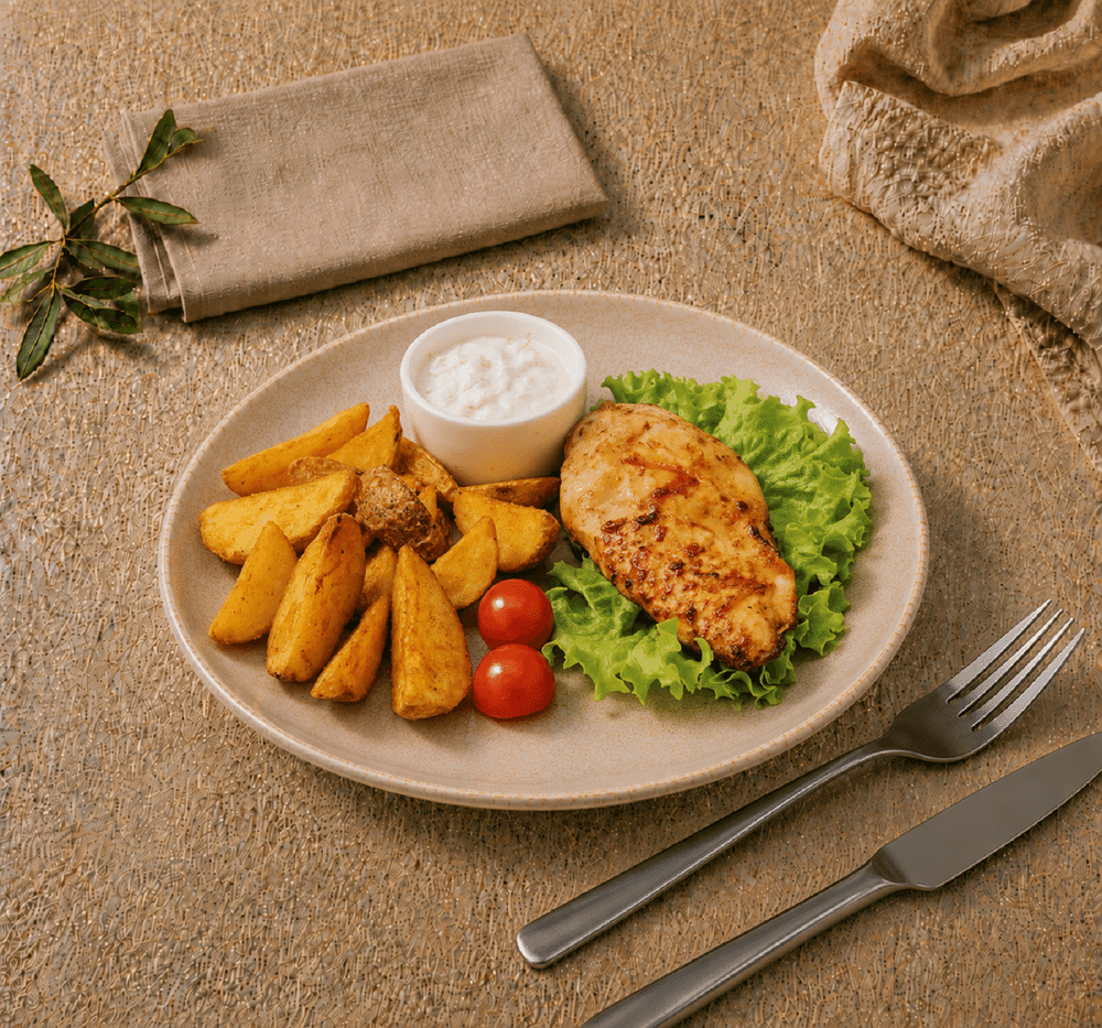 Пикантная грудка с картофельными дольками и белым соусом