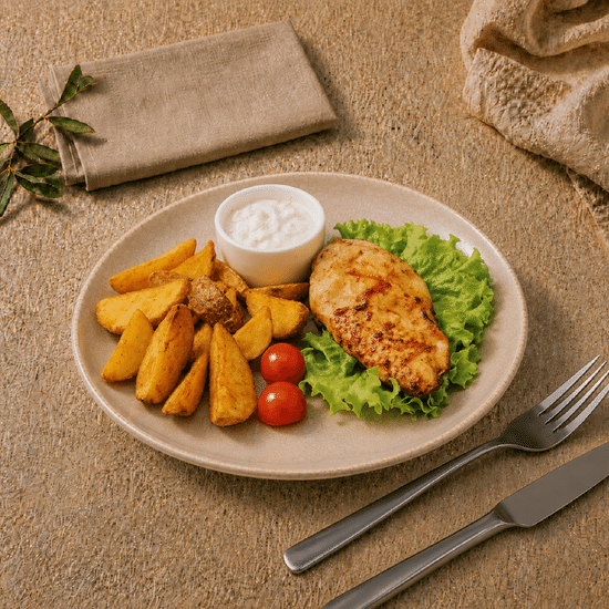 Пикантная грудка с картофельными дольками и белым соусом