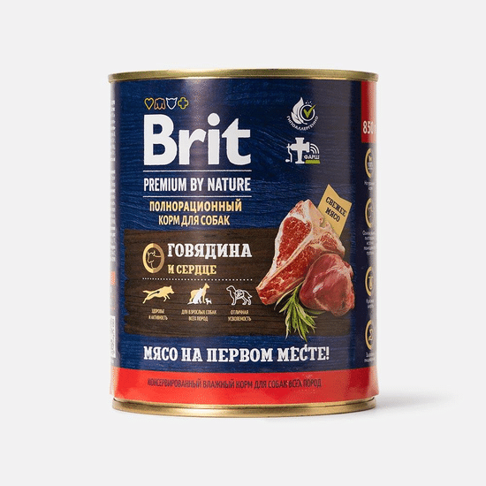 Brit Premium by Nature консервы для взрослых собак всех пород, говядина с сердцем, 850 г