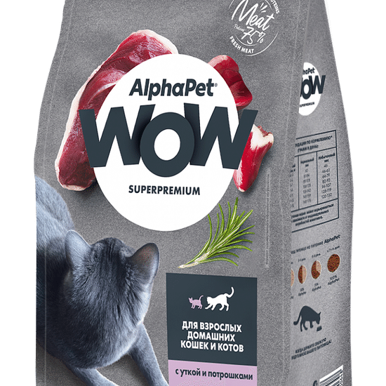 AlphaPet WOW сухой корм для взрослых кошек, утка и потрошки, 0,35 кг