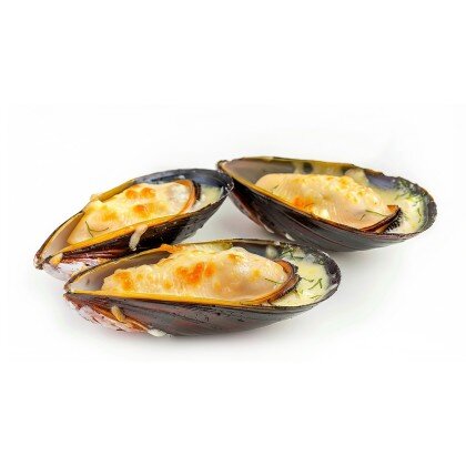 Мидии  под сырно-чесночным соусом