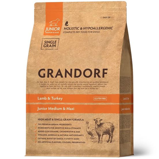 GRANDORF Lamb & Turkey Junior сухой корм для юниоров средних и крупных пород с 3 месяцев, беременных и кормящих собак, ягнёнок с индейкой, 3 кг (0891)