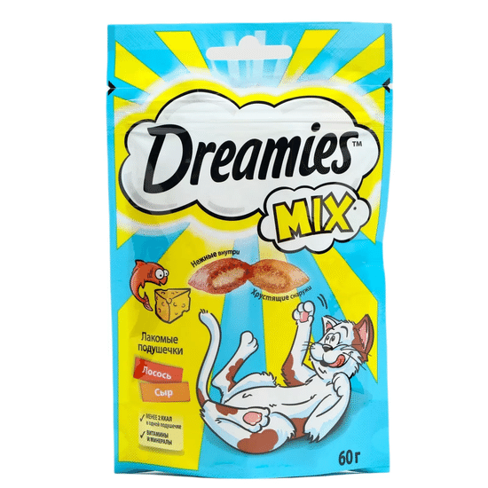 Dreamies Mix лакомство для кошек «Нежный лосось и сыр», хрустящие подушечки с лососем и сыром, 60 г