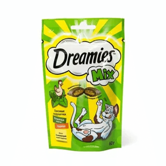 Dreamies Mix лакомство для кошек «Аппетитная курочка и мята», хрустящие подушечки с курицей и кошачьей мятой, 60 г